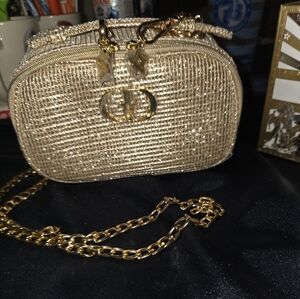Dior Sparkling Gold Crossbody Bag With Unbranded Chain Strap. Comes In Box.